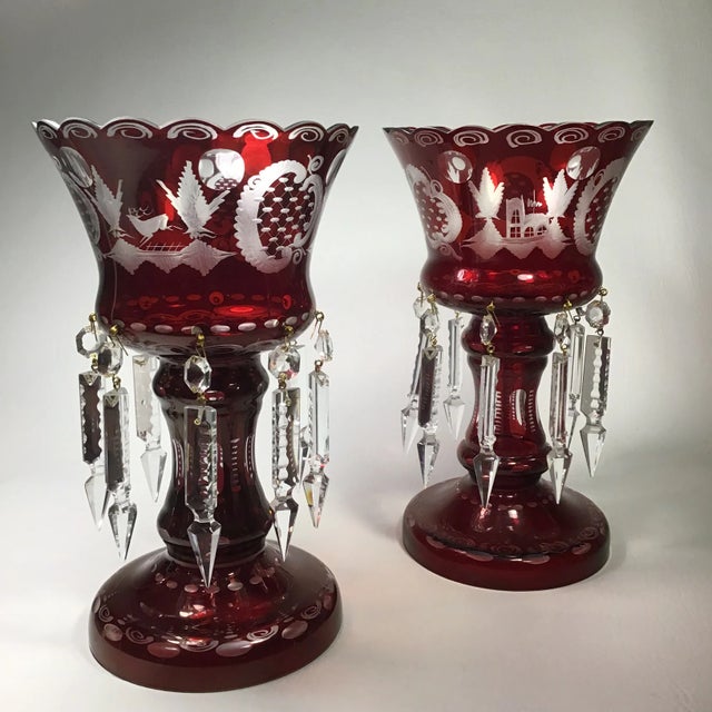 Glass Vintage Bohemian Ruby to Clear Etched Glass Lusters - a Pair For Sale - Image 7 of 12
