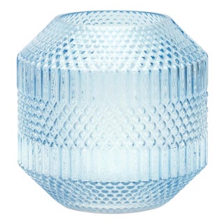 Diamond Pattern Blue Glass Vase or Candle Holder 8"H For Sale