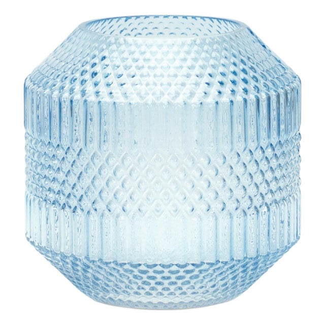Diamond Pattern Blue Glass Vase or Candle Holder 8"H For Sale