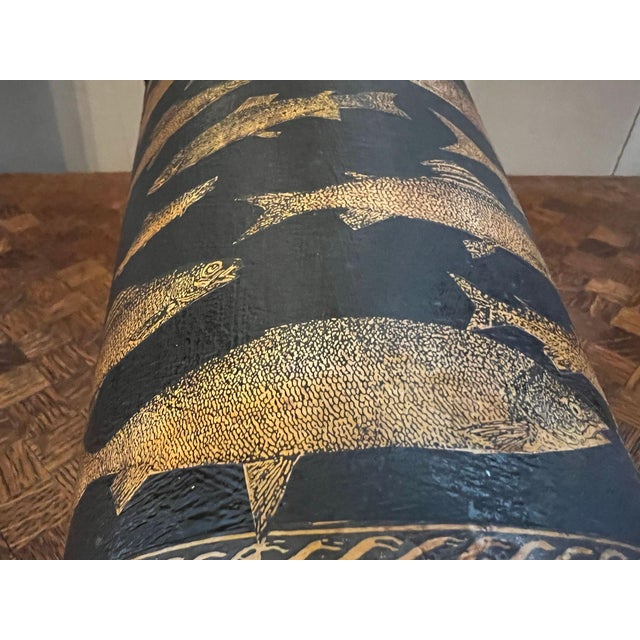 Vintage English Planter Jardiniere Urn Fish Decoupage Black Tole Lodge Décor For Sale - Image 16 of 18