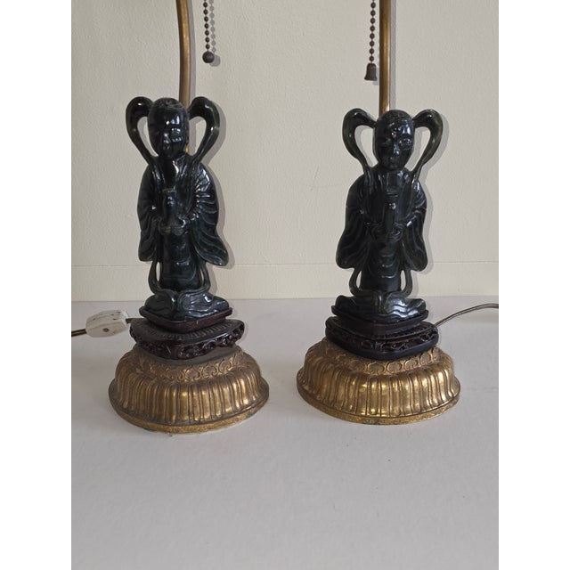 Figurative Pair of Carved Jade Figural Lamps For Sale - Image 3 of 12