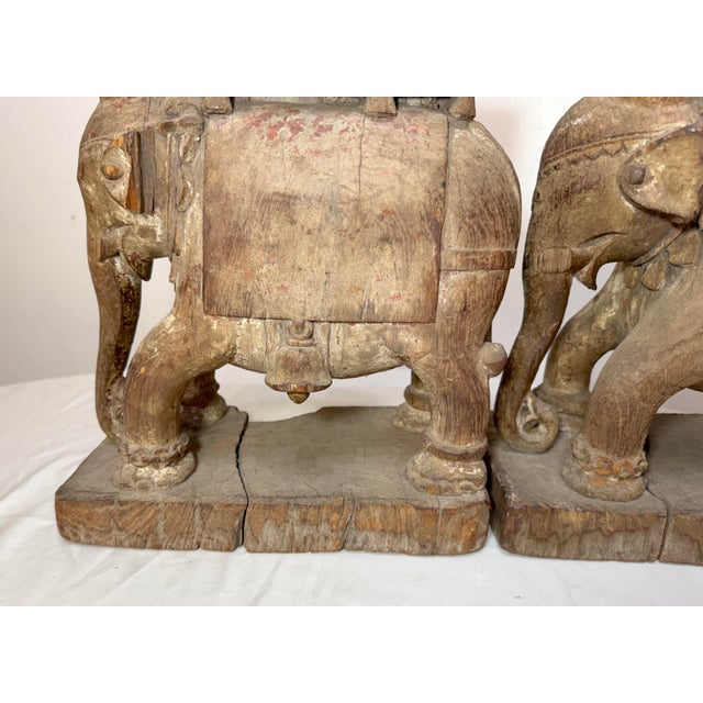 Wood Pair of Antique 1700's Hand Carved Wood India Temple Salvage Elephant Sculptures For Sale - Image 7 of 18