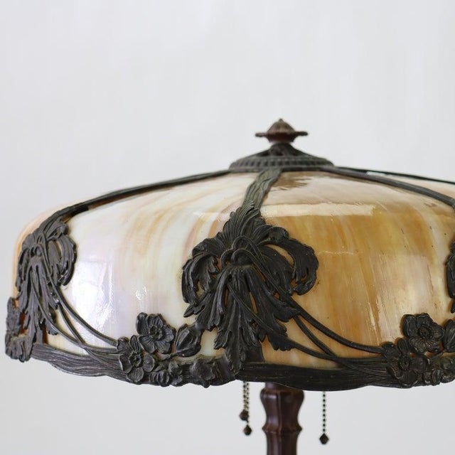 Antique Bradley & Hubbard attr Arts & Crafts 8 Panel Slag Glass Table Lamp With Floral Overlay Signed C1920 Measures - 22...