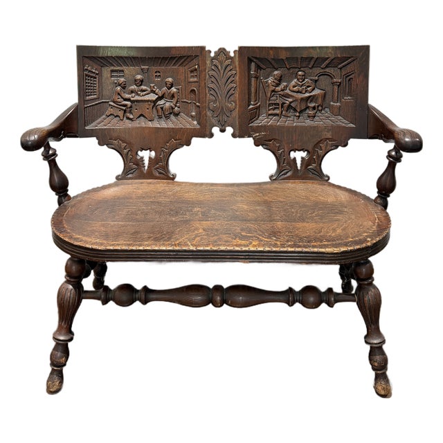 Antique German Black Forest Carved Tiger Oak Drunken Monk Tavern Bench For Sale