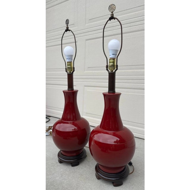 Pair of Vintage Chinese Oxblood Red Glazed Ceramic Table Lamps – 33.5" For Sale - Image 9 of 18