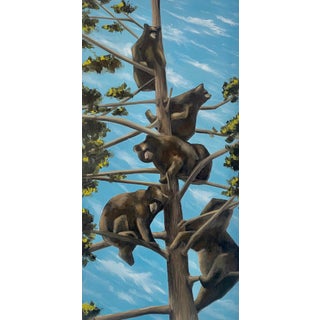 The Lookout by Alexandra Hansen | Oil on Canvas Bears climbing a tree against a blue sky. For Sale