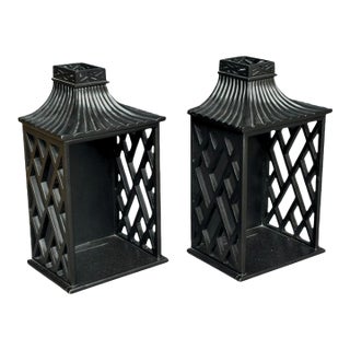 Global Views Williamsburg Black Chinoiserie Pagoda Wall Shelves / Decorative Sconces — A Pair For Sale