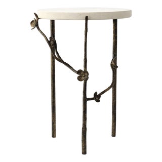 Gold Rubbed Black Modern Cherry Blossom Accent Table Travertine For Sale
