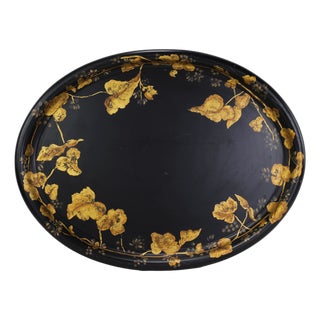 Antique 19th Century Paper Mache Oval Tray - Black Lacquer With Hand Painted Gold Gilt Ivy Design For Sale