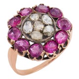 Early 20th Century Victorian Rose Cut Diamond Ruby Rose Gold Silver Ring, Size 5 For Sale