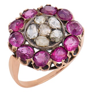 Early 20th Century Victorian Rose Cut Diamond Ruby Rose Gold Silver Ring, Size 5 For Sale