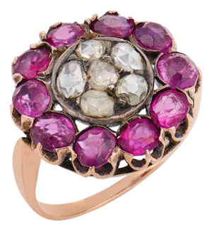 Early 20th Century Victorian Rose Cut Diamond Ruby Rose Gold Silver Ring, Size 5