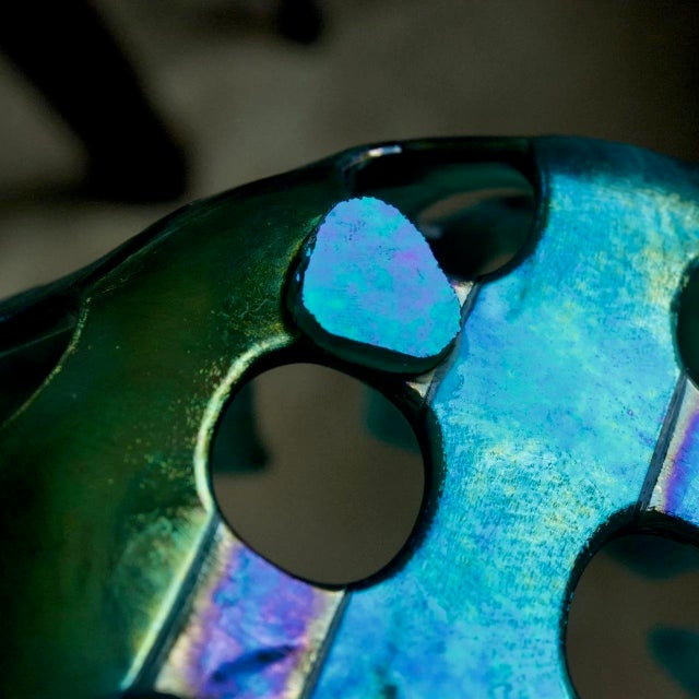Iridescent Blue Green Fused Art Glass Coral Basket Bowl – Sculptural Studio Glass For Sale - Image 10 of 11