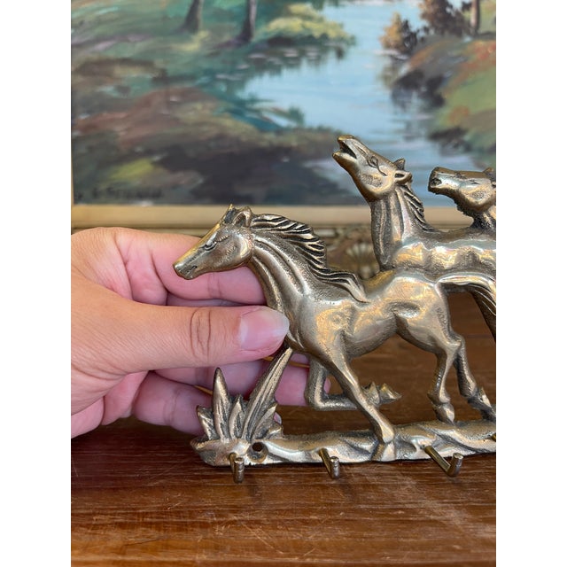 Mid-Century Modern Vintage Brass Toned Galloping Horses Wall Hook Rack - Equestrian Decorative Key or Jewelry Holder For Sale - Image 3 of 8