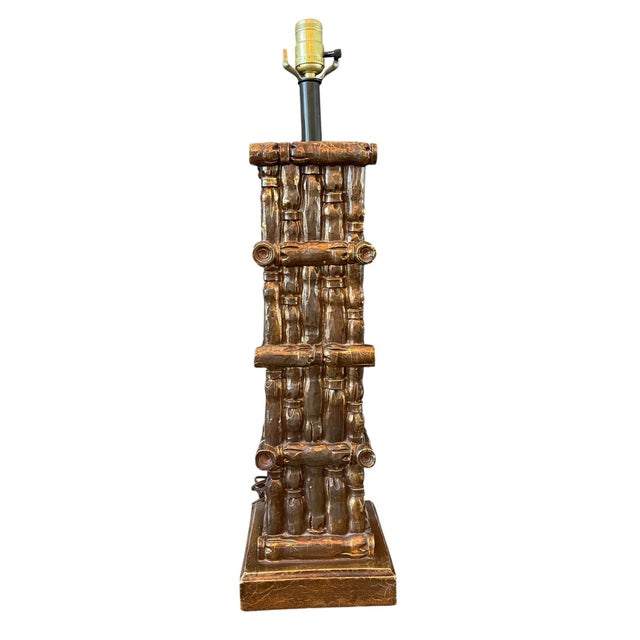 Vintage Hollywood Regency Style Faux Bamboo Column Table Lamp For Sale - Image 4 of 11