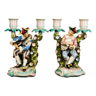 Antique German Porcelain Jester Figural Candelabra, 1890s For Sale