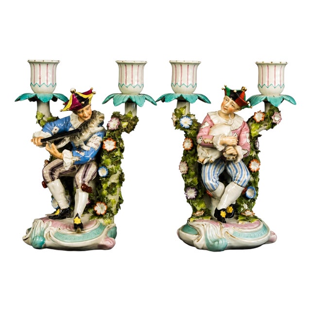 Antique German Porcelain Jester Figural Candelabra, 1890s For Sale