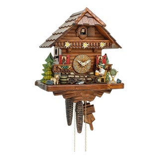 Black Forest Shingled Roof Cuckoo Clock With Moving Beer Drinker For Sale
