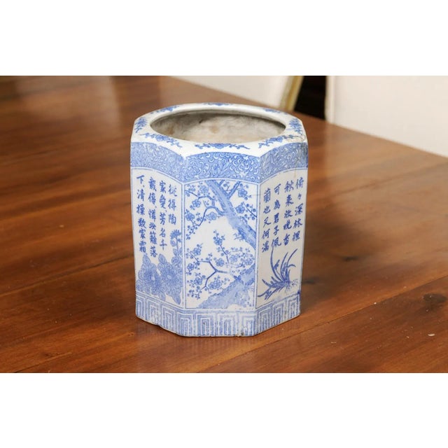 Vintage Chinese Blue & White Hexagonal Porcelain Vase with Hand-Painted Foliage Décor For Sale - Image 12 of 13