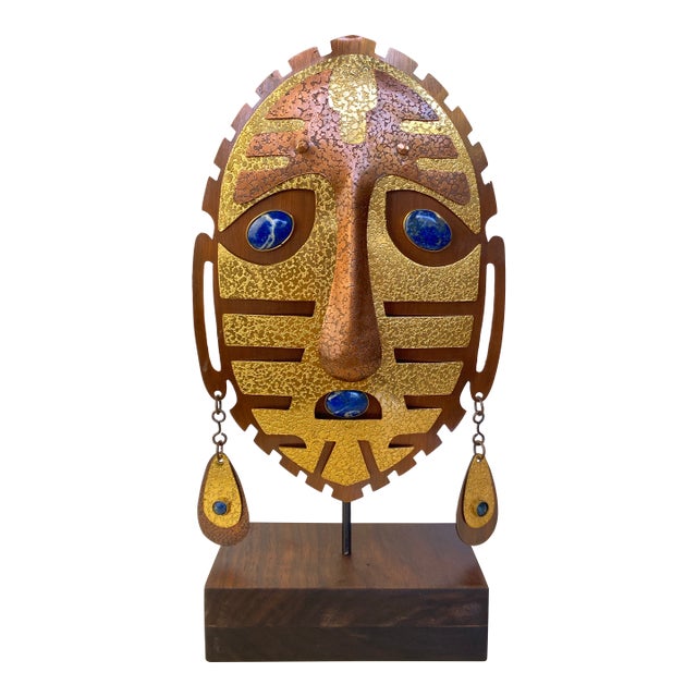Vintage Christian Luis Gómez Chile Brass & Copper Mask Sculpture, Lapis Lazuli For Sale