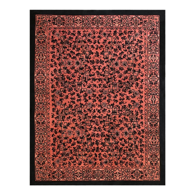 Beautiful Coral Red Background and Black Border Color With Chinoiserie Pattern Antique Chinese Art Deco Rug For Sale