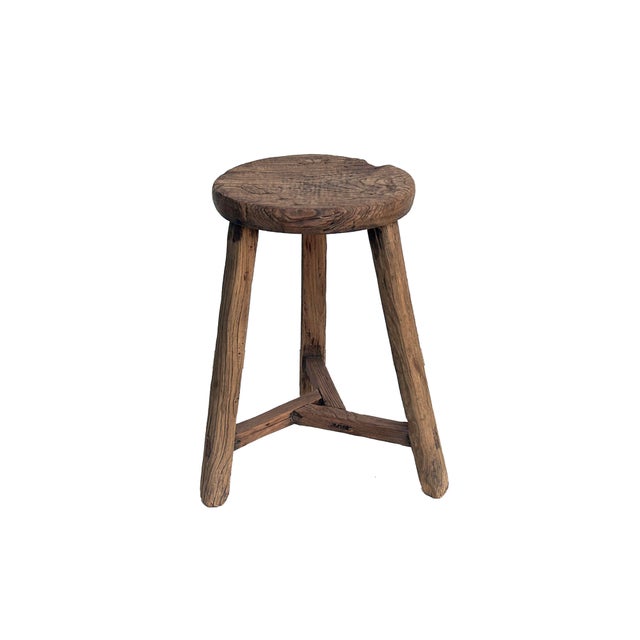 Rustic Raw Rough Wood Grain Round Top Tri-Legs Stool Side Table For Sale - Image 4 of 5