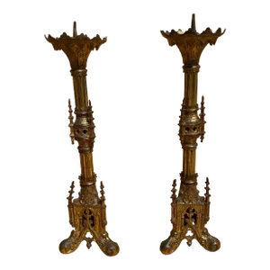 Antique French Neogothic Altar Torchère Candlestick Set - Pair