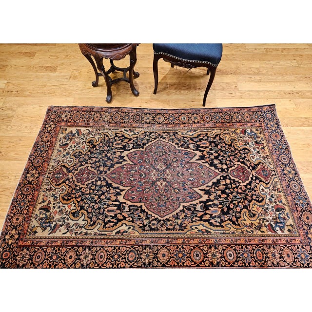19th Century Persian Farahan Sarouk Rug, Hand-Knotted Wool, Floral Pattern, Navy & Plum Red, 4x6 For Sale In Chicago - Image 6 of 18