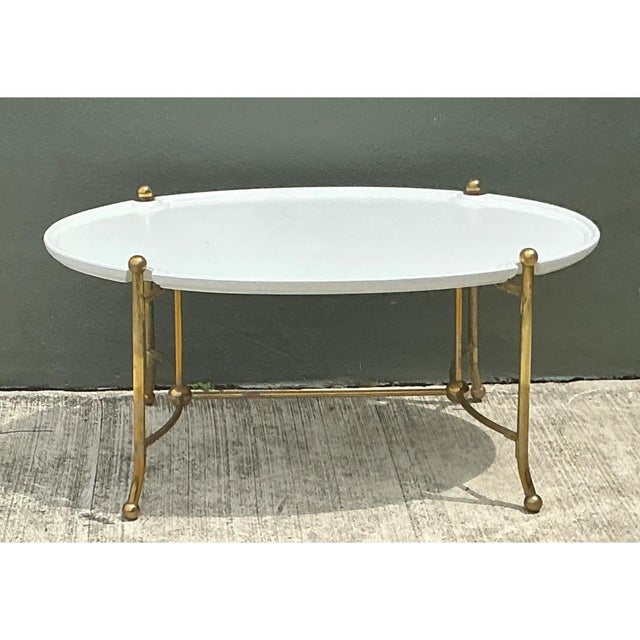 Vintage Brass and Wood Oval Coffee Table For Sale - Image 9 of 12