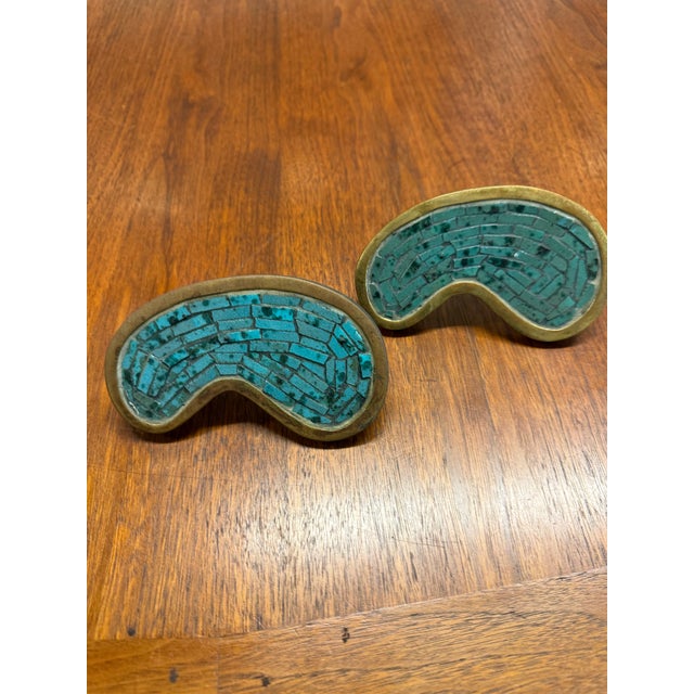 Exceptional pair of Pepe Mendoza brass and glass mosaic drawer pulls made in Mexico. These beautifully crafted hardware...