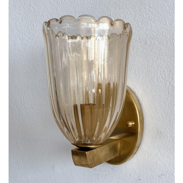 Metal Italian Art Deco Style Brass and Murano Glass Wall Sconces, 1990s, Set of 2 For Sale - Image 7 of 12