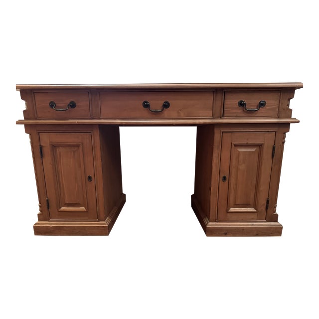 1990s Classic Double Pedestal Solid Wood Executive Desk With Paneled Doors & Three Drawers For Sale