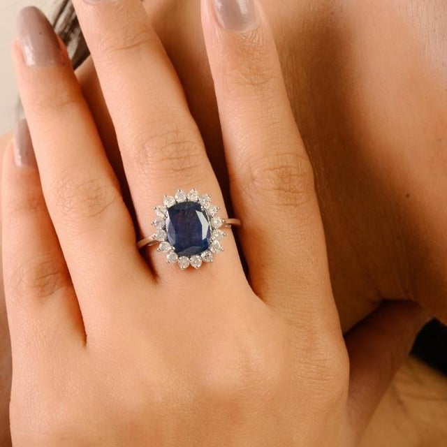 3.73 Ct Cushion Cut Natural Sapphire & Diamond Halo 14k Gold Statement Ring Size 5.5 For Sale In New York - Image 6 of 16