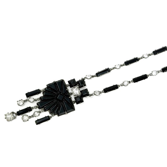 Glass Czechoslovakian Art Deco Black Glass and Crystal Geometric Pendant Necklace, 1920s For Sale - Image 7 of 11