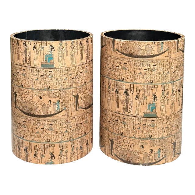 Vintage Egyptian Revival Paper-Covered Wastebaskets | Pair For Sale