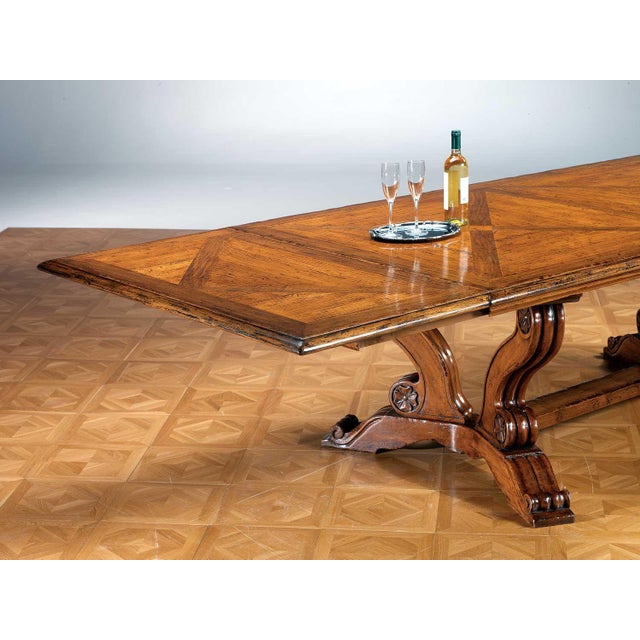 Italian Walnut Trestle Dining Table With Inlaid Top and Extension Leaves For Sale - Image 4 of 4