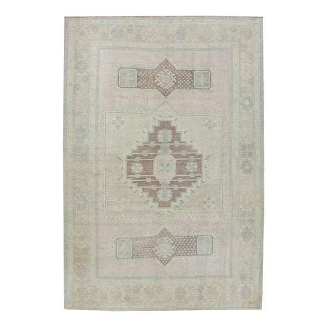 Turkish Vintage Anatolian Rug Hand Knotted Beige Blue 4'3" X 6'1" For Sale