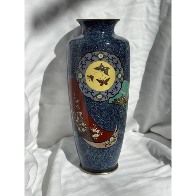 Japanese 20th Century Japanese Cloisonne Enamel Vase Speckled Blue Ground Butterflies Floral Motifs For Sale - Image 3 of 15