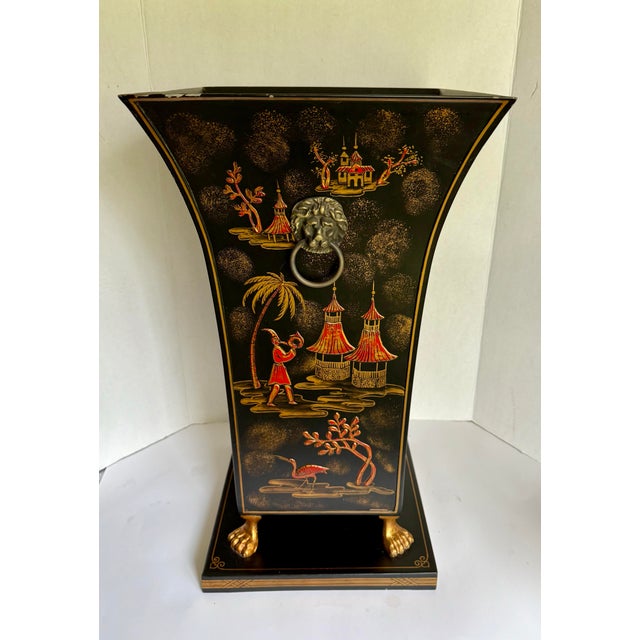 Asian Chinoiserie Black and Gold Metal Tole Planter Umbrella Stand For Sale - Image 10 of 12