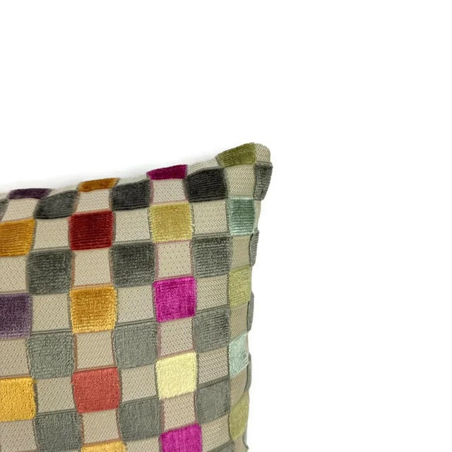 Mid-Century Modern Gp & J Baker Clarendon Small Check in Multi Lumbar Pillow Cover - Gray Velvet Checkerboard Rectangle Cushion Case For Sale - Image 3 of 5