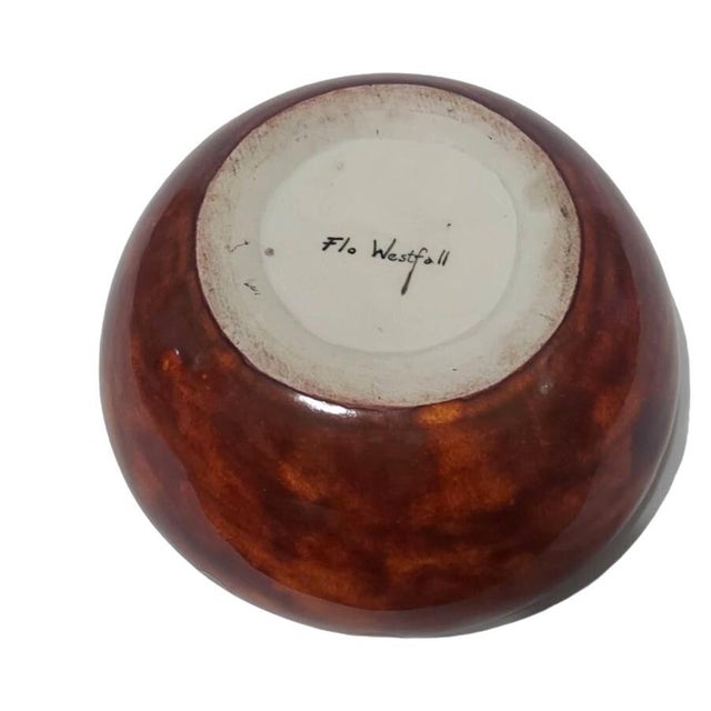 Flower frog / bowl / vase. Signed Flo Westfall. Lovely MCM style. Green with a reddish brown with a green drip glaze....