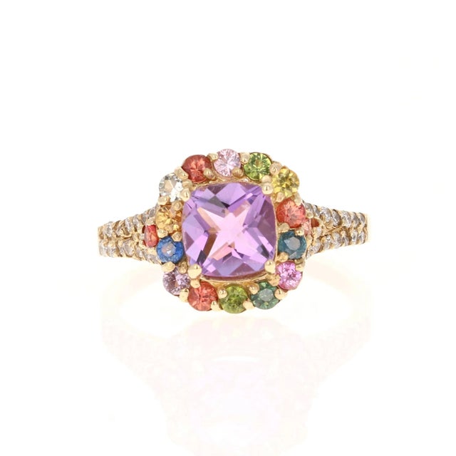 Contemporary 2.38 Carat Amethyst Sapphire Diamond Yellow Gold Cocktail Ring For Sale - Image 3 of 8