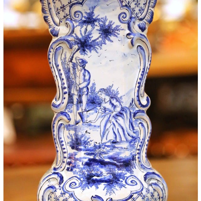 Late 19th Century Pair of 19th Century French Blue and White Delft Vases With Pastoral Scenes For Sale - Image 5 of 12