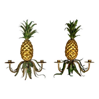 Vintage Italian Gilt Tole Pineapple Wall Sconces - Maison Jansen Attributed - Pair For Sale