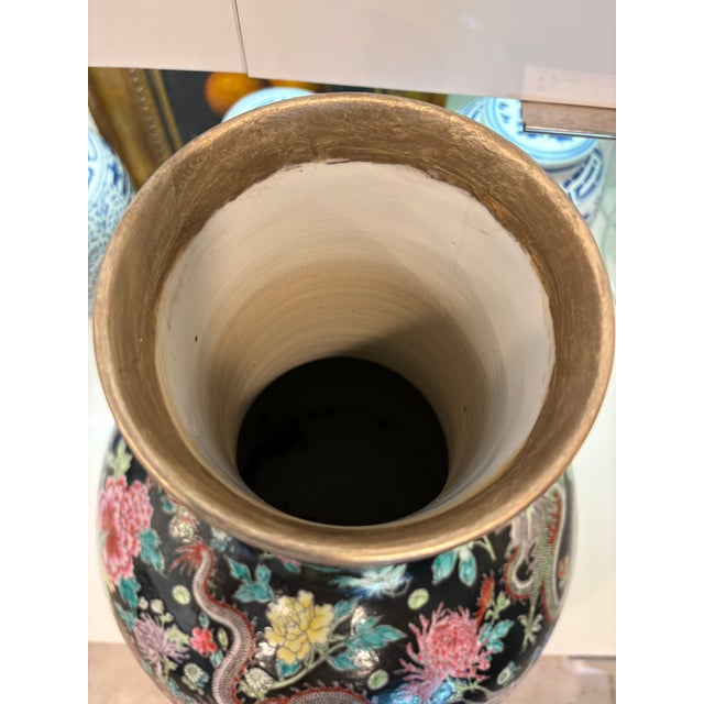 Chinoiserie Momumental Vintage Chinese Black Ground Dragon & Floral Porcelain Floor Vase With Gilt Rim For Sale - Image 3 of 18