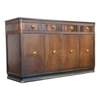 Vintage 1940's Art Deco Walnut and Brass Credenza For Sale