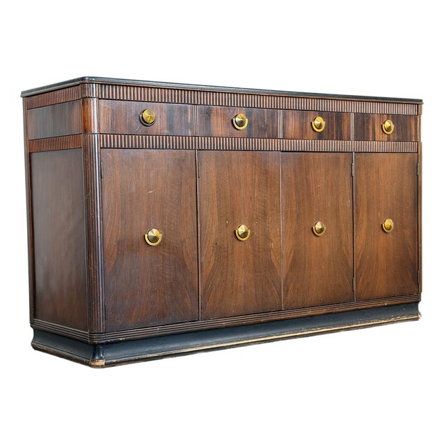 Vintage 1940's Art Deco Walnut and Brass Credenza For Sale