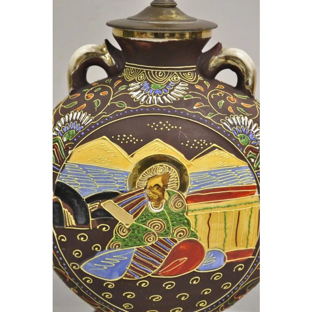 Vintage Oriental Japanese Figural Samurai Brown Ceramic Jug Form Table Lamp For Sale - Image 4 of 11