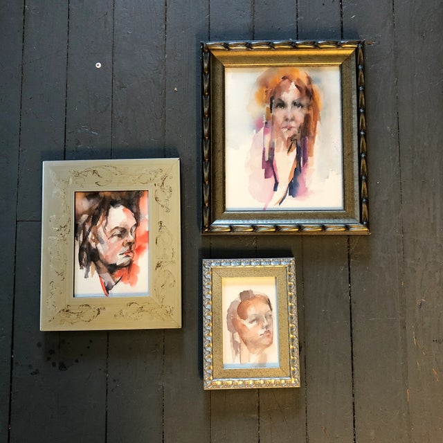 Gallery Wall Collection-3 Vintage 1970’s Portrait Watercolor Paintings Vintage Frames - Set of 3 For Sale In Philadelphia - Image 6 of 6