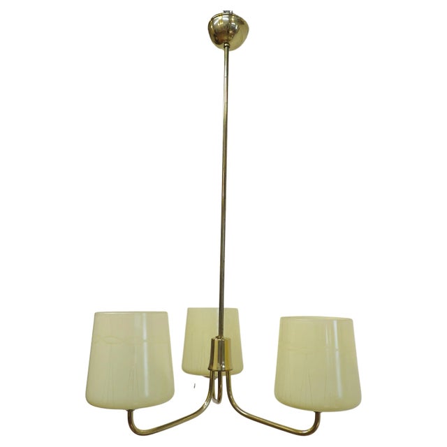 Mid-Century Modern Austrian Mid Century Brass Opaline Glass Chandelier For Sale - Image 3 of 11